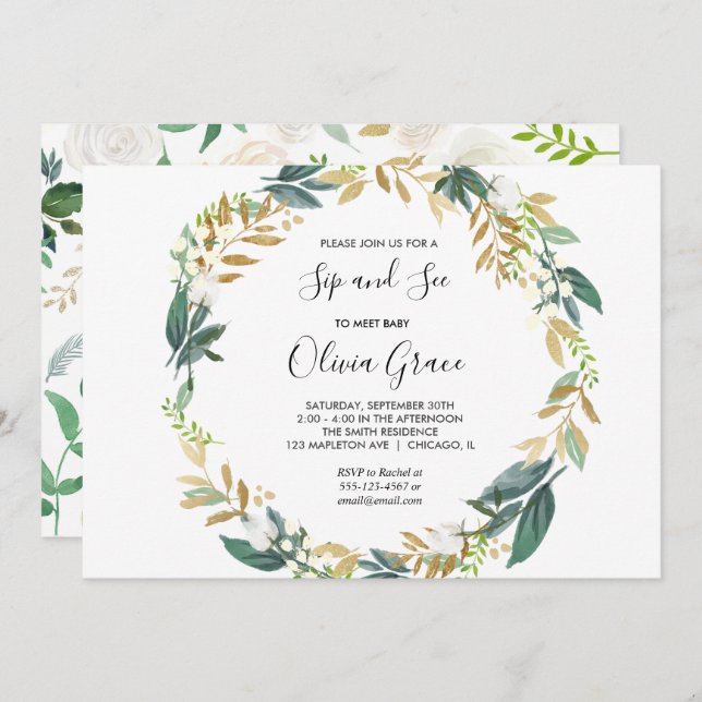 Elegant white gold sip and see invitation (Front/Back)