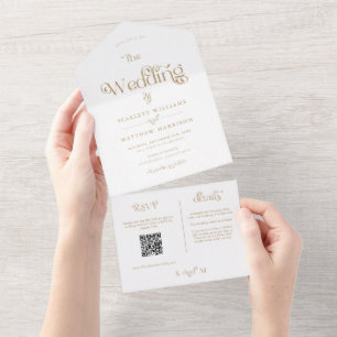 Elegant White Gold Typography Wedding All In One Invitation