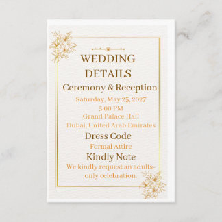 Elegant White Gold Wedding Details Card | Luxury W
