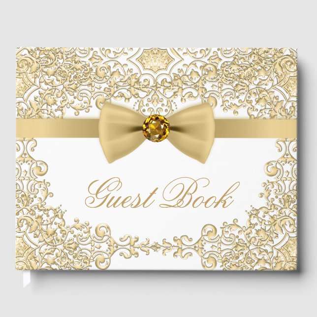 Elegant White Gold Wedding Party Event Guest Book (Front)