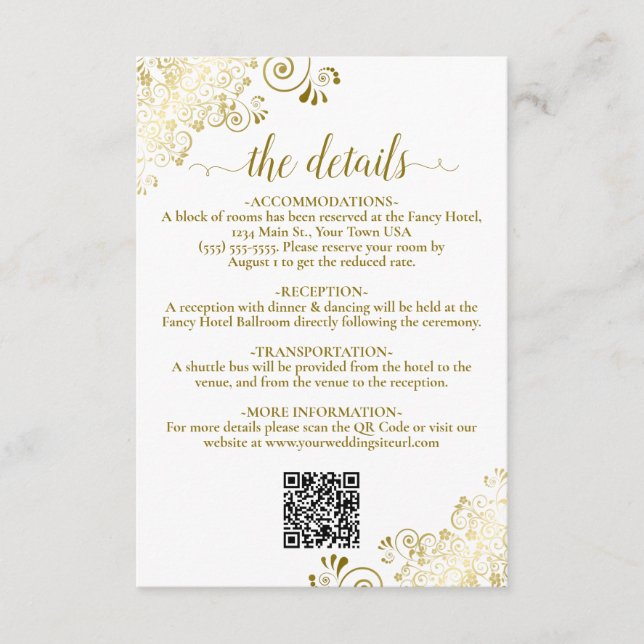 Elegant White & Gold Wedding QR Code Details Enclosure Card (Front)