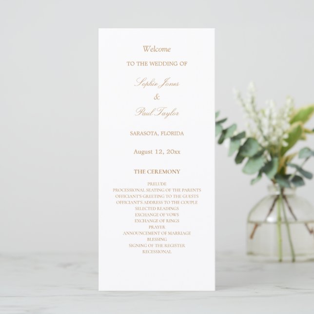 Elegant White Golden Beige Wedding Program (Standing Front)