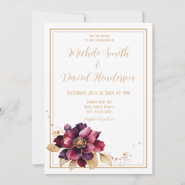 Elegant White Golden Burgundy Watercolor Wedding Invitation (Front)