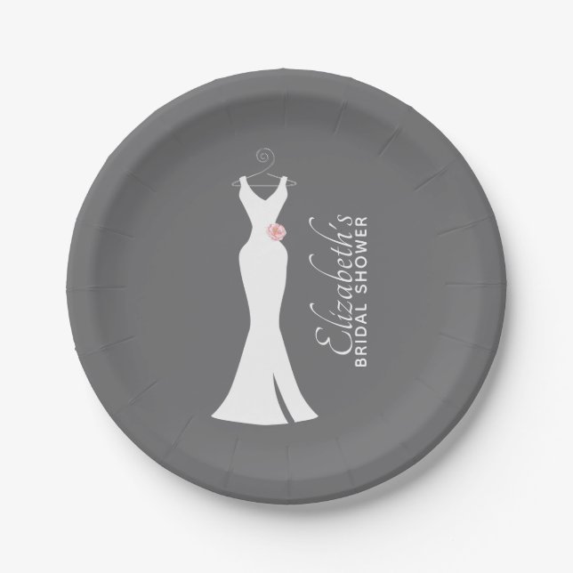 Elegant White Gown on Grey - Bridal Shower Paper Plate (Front)