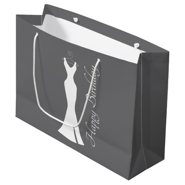 Elegant White Gown on Grey - Stylish Birthday Large Gift Bag (Front Angled)