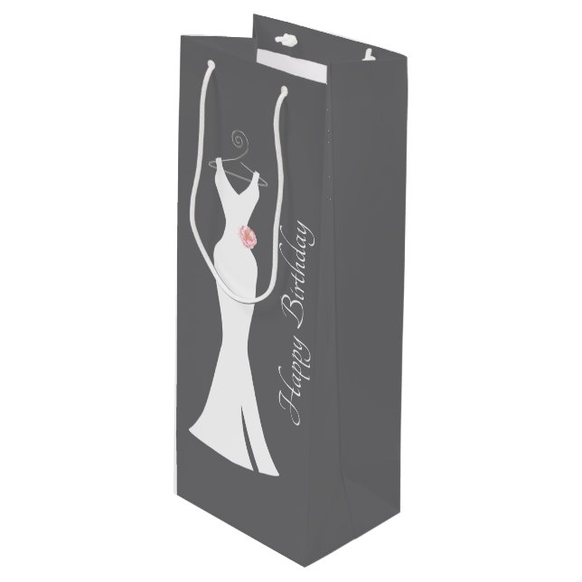 Elegant White Gown on Grey - Stylish Birthday Wine Gift Bag (Front Angled)
