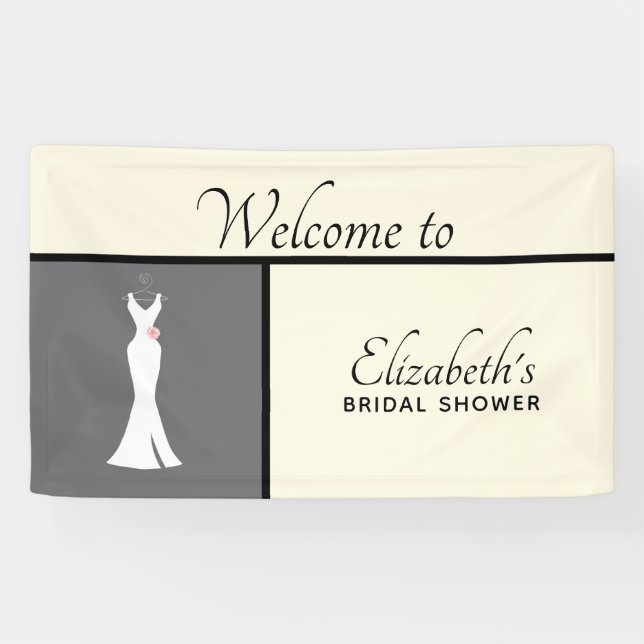 Elegant White Gown on Grey - Stylish Bridal Shower Banner (Horizontal)