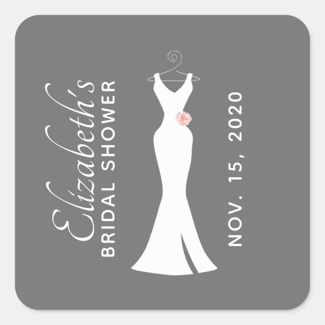 Elegant White Gown on Grey - Stylish Bridal Shower Square Sticker (Front)