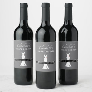 Elegant White Gown on Grey - Stylish Bridal Shower Wine Label