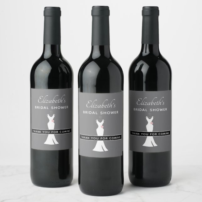 Elegant White Gown on Grey - Stylish Bridal Shower Wine Label (Bottles)