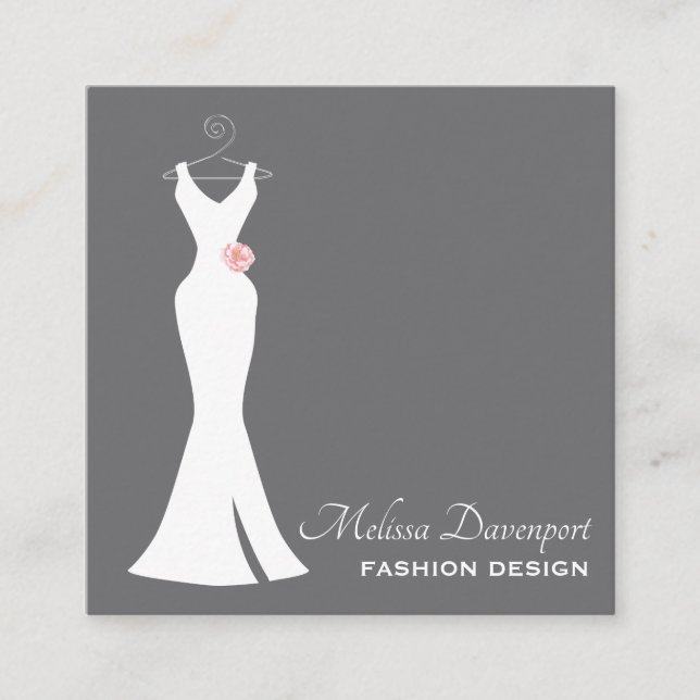 Elegant White Gown on Grey - Stylish Minimalist Square Business Card (Front)