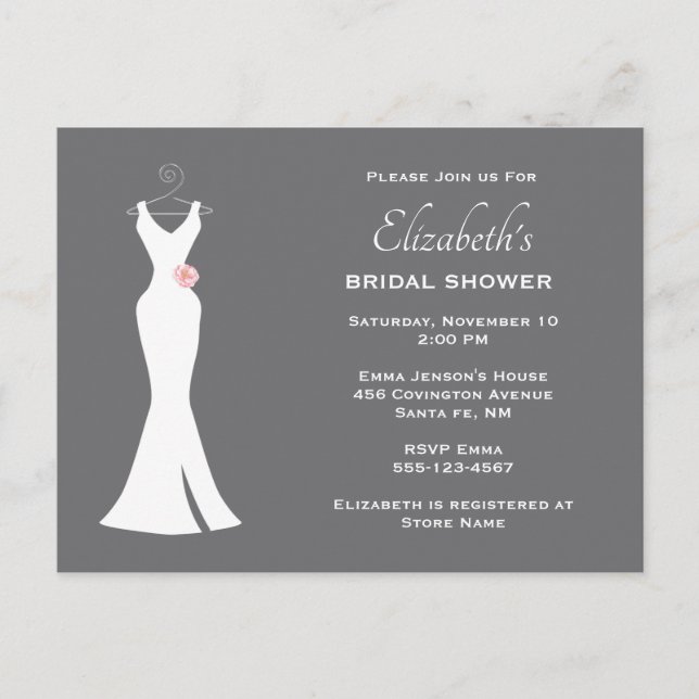 Elegant White Gown on Grey - Stylish Simple Bridal Invitation Postcard (Front)