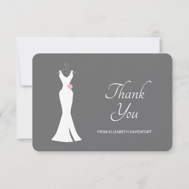 Elegant White Gown on Grey - Stylish Simple Bridal Thank You Card (Front)
