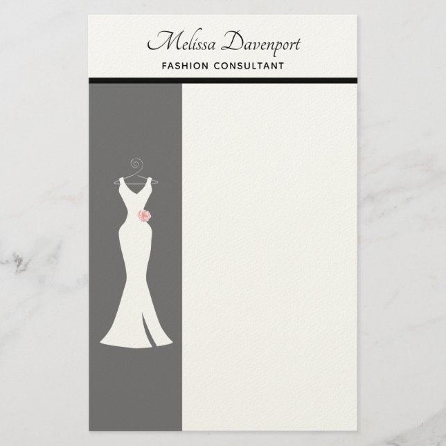 Elegant White Gown on Grey - Stylish Simple Design Stationery (Front)