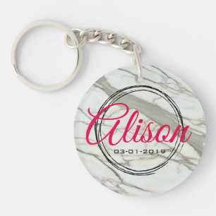 Elegant white granite custon name and birth date key ring