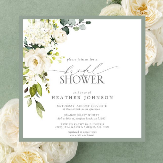 Elegant White Gray Green Watercolor Bridal Shower Invitation (Easily personalize this beautiful bridal shower invitation for a very special event!)
