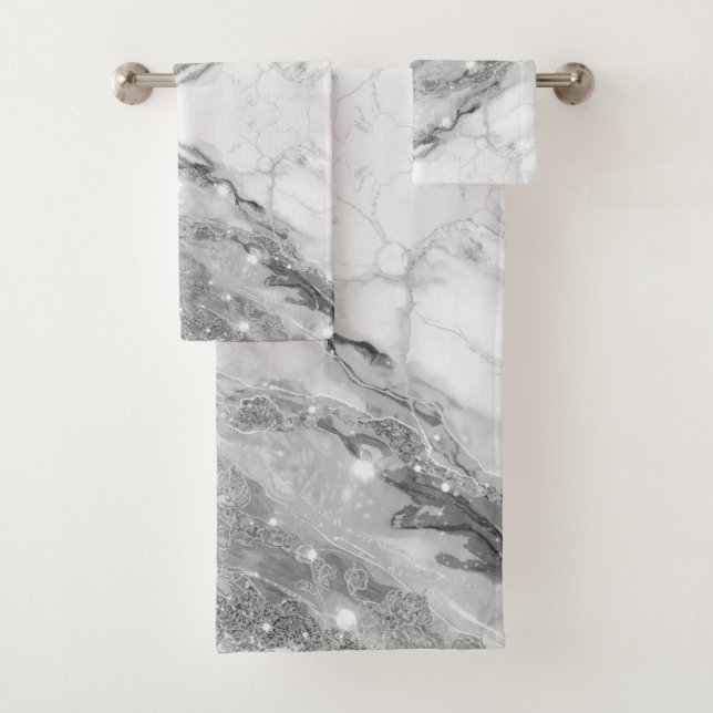 Elegant white gray silver marble lace Patterns Bath Towel Set (Insitu)