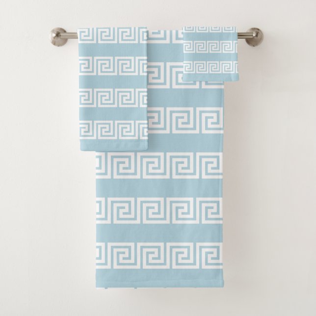 Elegant White Greek Pattern on Light Blue Bath Towel Set (Insitu)