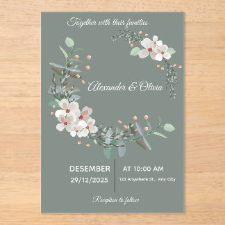 Elegant White & Green Acrylic Wedding Invitation