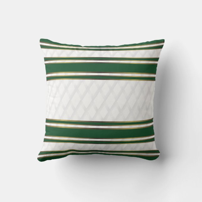 Elegant White Green and Gold Stripes Geometric Cushion (Back)