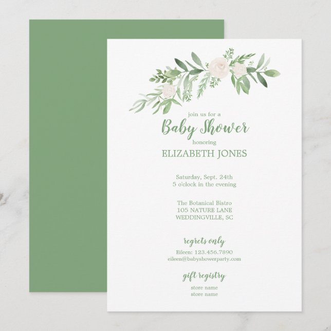 Elegant White & Green Floral Baby Shower Invitation (Front/Back)