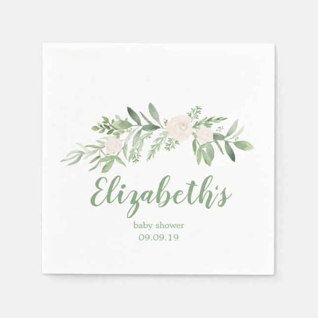 Elegant White & Green Floral Baby Shower Napkin (Front)
