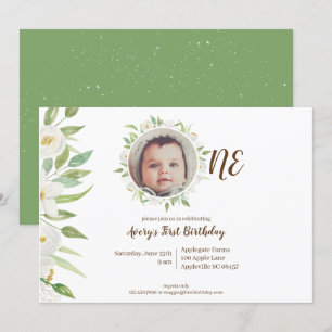 Elegant White & Green Floral Baby's 1st Birthday Invitation