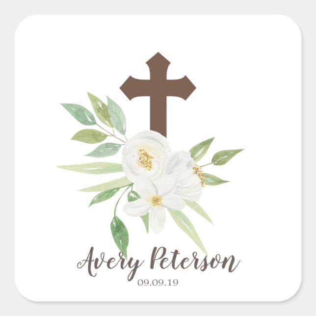 Elegant White & Green Floral Cross Holy Communion Square Sticker (Front)