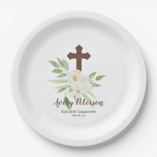 Elegant White & Green Floral First Holy Communion Paper Plate