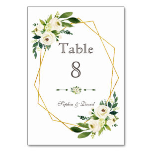 Elegant White Green Floral Gold Frame Table Number