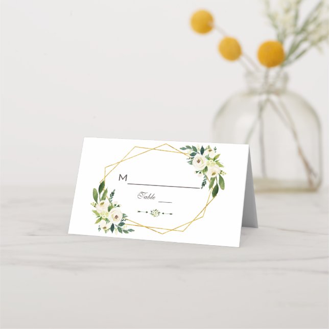Elegant White Green Floral Gold Frame Table Number Place Card (Front)