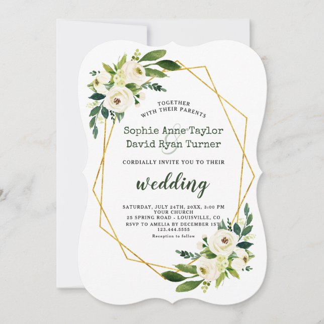 Elegant White Green Floral Gold Frame Wedding Invitation (Front)