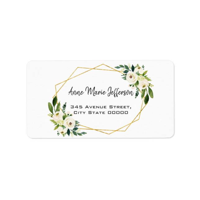 Elegant White Green Floral Gold Frame Wedding Label (Front)