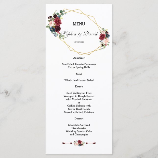 Elegant White Green Floral Gold Frame Wedding Menu (Front)