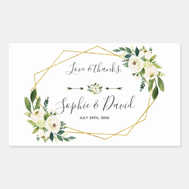 Elegant White Green Floral Gold Frame Wedding Rectangular Sticker (Front)
