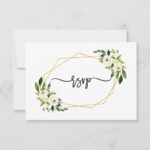 Elegant White Green Floral Gold Frame Wedding RSVP Card