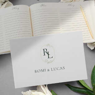 Elegant White & Green Monogram Wedding Guest Book