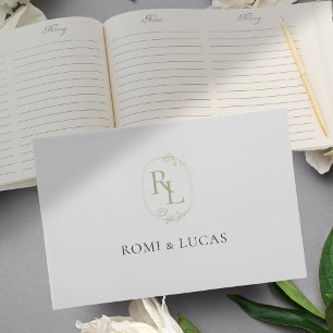 Elegant White & Green Monogram Wedding Guest Book