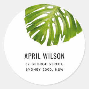 ELEGANT WHITE GREEN MONSTERA LEAF FOLIAGE ADDRESS CLASSIC ROUND STICKER