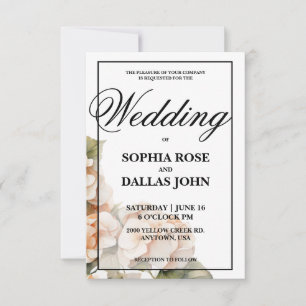 Elegant white green orange boho watercolor floral invitation