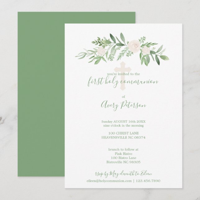 Elegant White & Green Rose First Holy Communion Invitation (Front/Back)