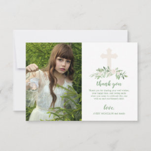 Elegant White & Green Rose First Holy Communion Thank You Card