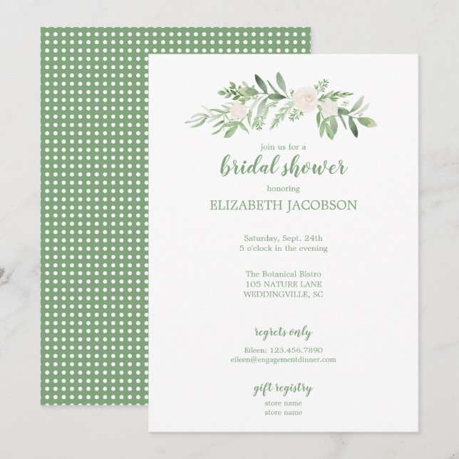 Elegant White & Green Rose Floral Bridal Shower Invitation (Front/Back)