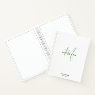 Elegant White Green Script Monogram Sketchbook Notebook
