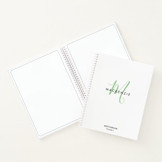 Elegant White Green Script Monogram Sketchbook Notebook (Inside)