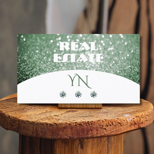 Elegant White Green Sparkle Glitter with Monogram Business Card (Creator Uploaded)