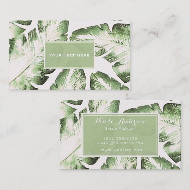 Elegant White Green Tropical Beach Leaves Chic Business Card (Front/Back)