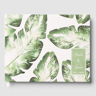 Elegant White Green Tropical Beach Leaves Wedding Guest Book