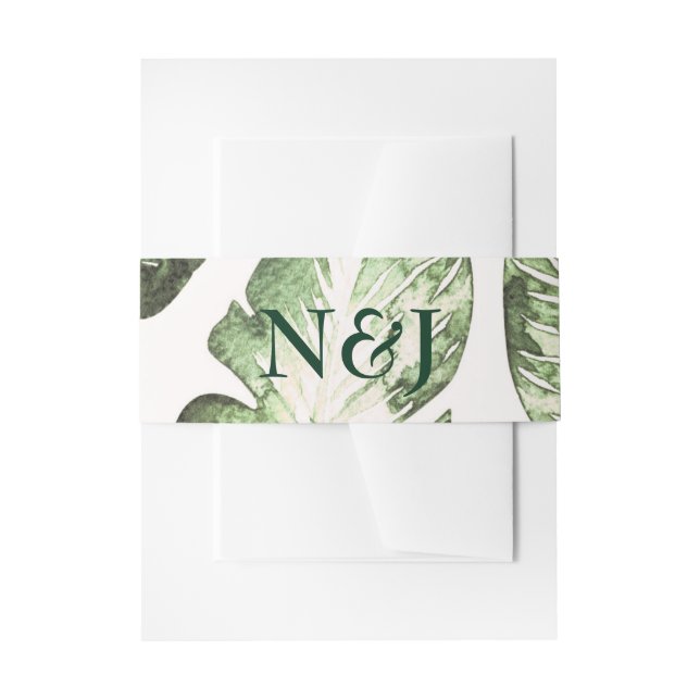 Elegant White Green Tropical Beach Leaves Wedding Invitation Belly Band (Front Example)
