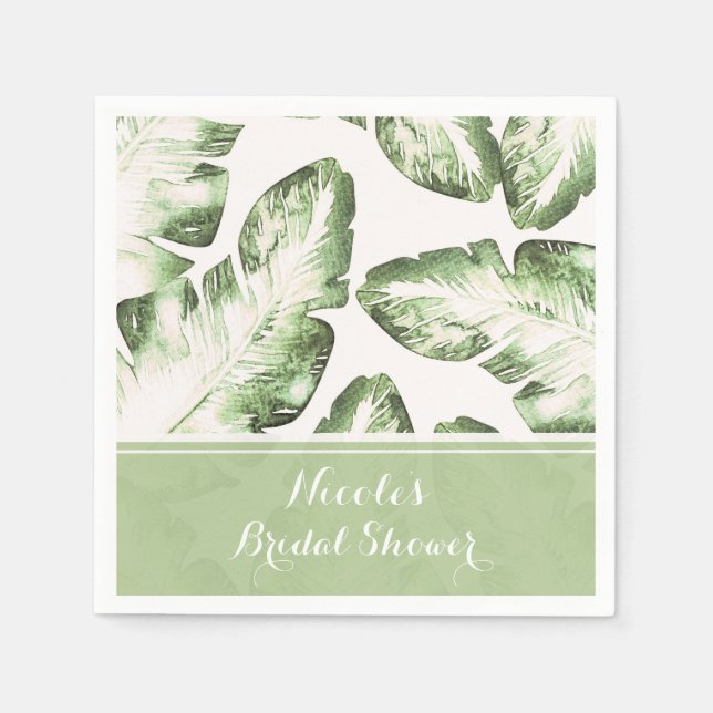 Elegant White Green Tropical Beach Leaves Wedding Napkin (Front)